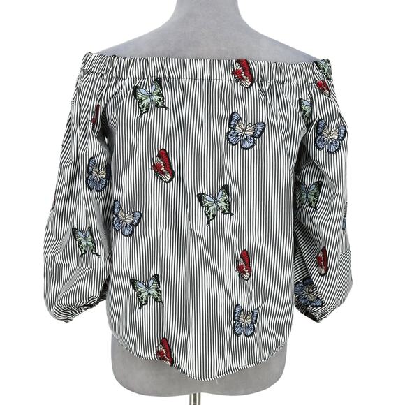 Zara Top Womens XS White Gray Stripe Blouse Embroidered Butterflies Whimsy Boho - Picture 2 of 16